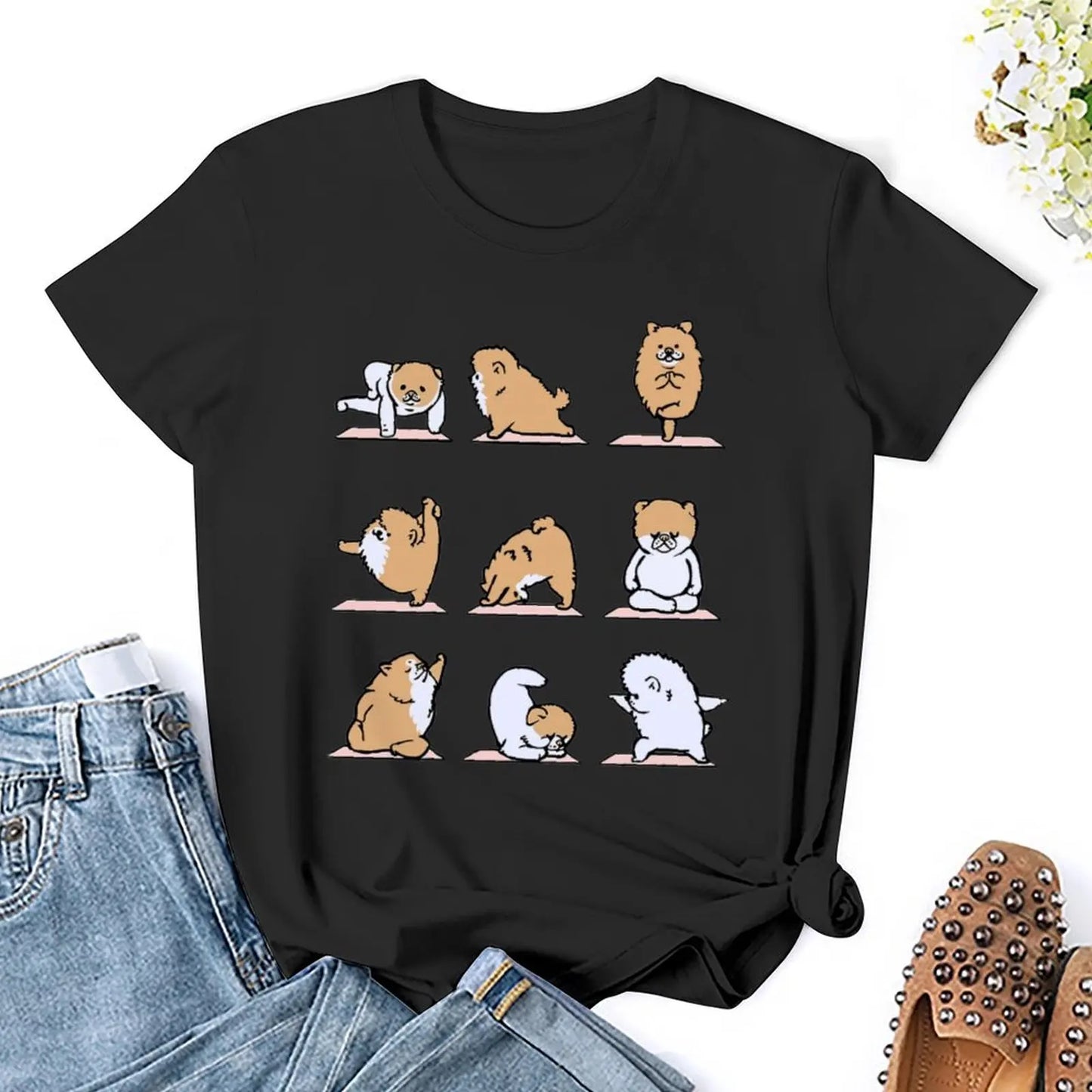 Pomeranian Yoga For Sale T-shirt Crewneck Movement T-shirts Casual Graphic Home Sarcastic