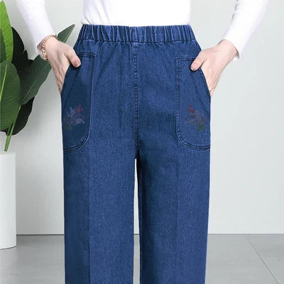 Middle Aged Mother Embroidered Jeans 5XL Spring Autumn Female Loose Straight Leg Pants Elastic Waist Women's Casual Denim Pants