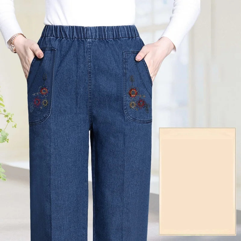 Middle Aged Mother Embroidered Jeans 5XL Spring Autumn Female Loose Straight Leg Pants Elastic Waist Women's Casual Denim Pants