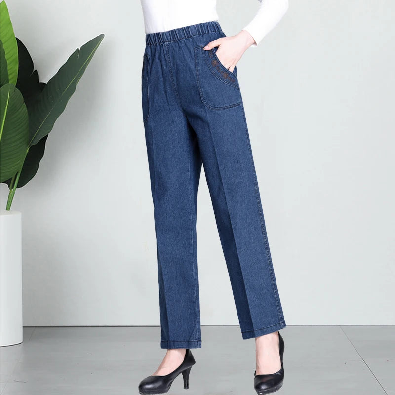 Middle Aged Mother Embroidered Jeans 5XL Spring Autumn Female Loose Straight Leg Pants Elastic Waist Women's Casual Denim Pants