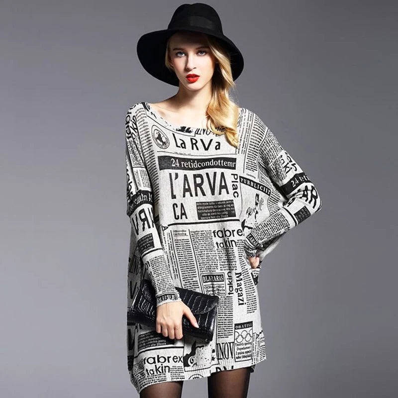Women's Winter Knitted Sweater Casual Long Sleeve Newspaper Print Tops Female Batwing Sleeve Big Yard Long Pullovers