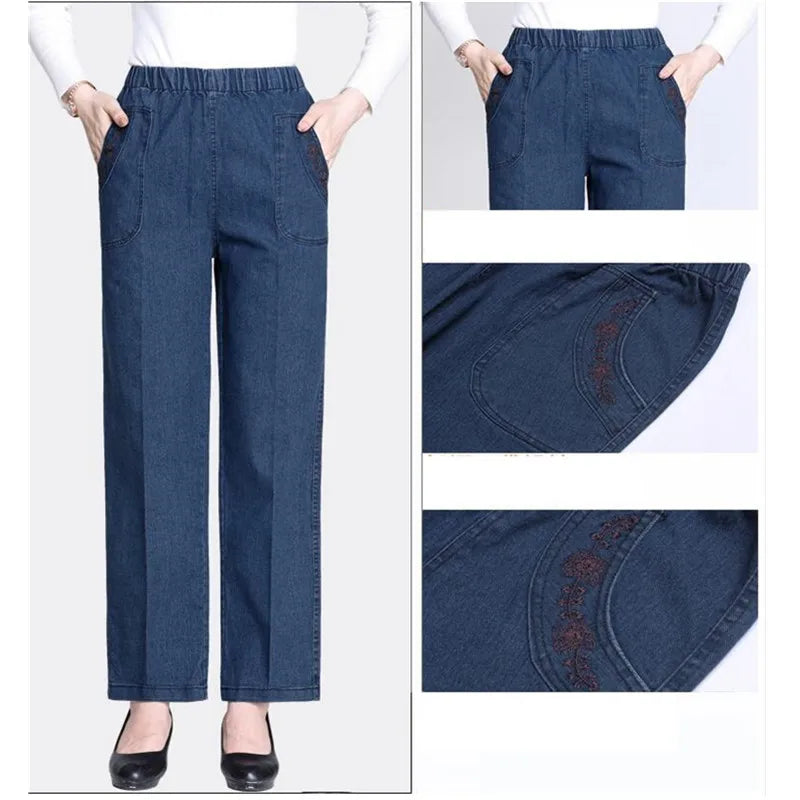 Middle Aged Mother Embroidered Jeans 5XL Spring Autumn Female Loose Straight Leg Pants Elastic Waist Women's Casual Denim Pants