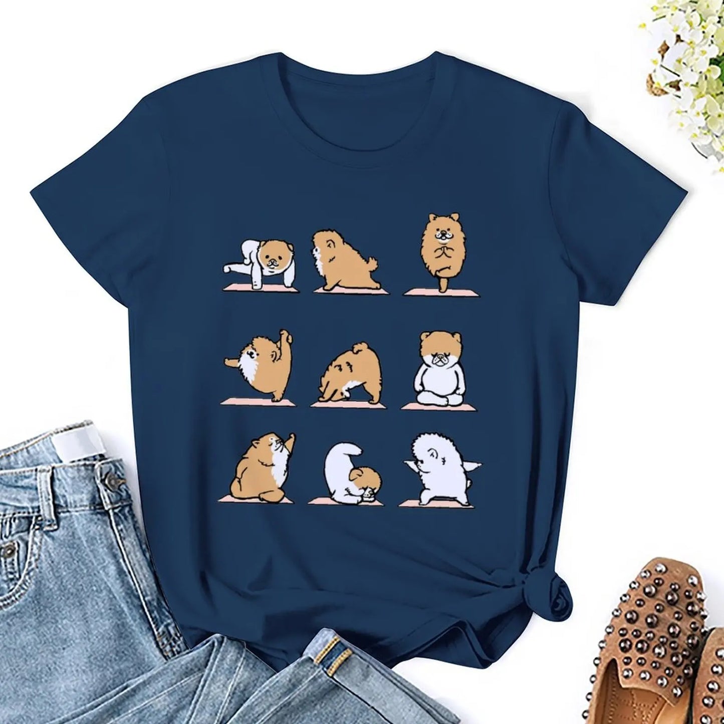 Pomeranian Yoga For Sale T-shirt Crewneck Movement T-shirts Casual Graphic Home Sarcastic