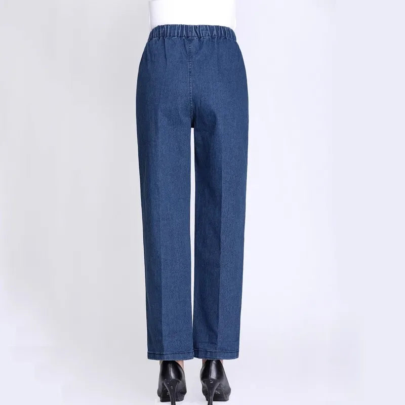 Middle Aged Mother Embroidered Jeans 5XL Spring Autumn Female Loose Straight Leg Pants Elastic Waist Women's Casual Denim Pants