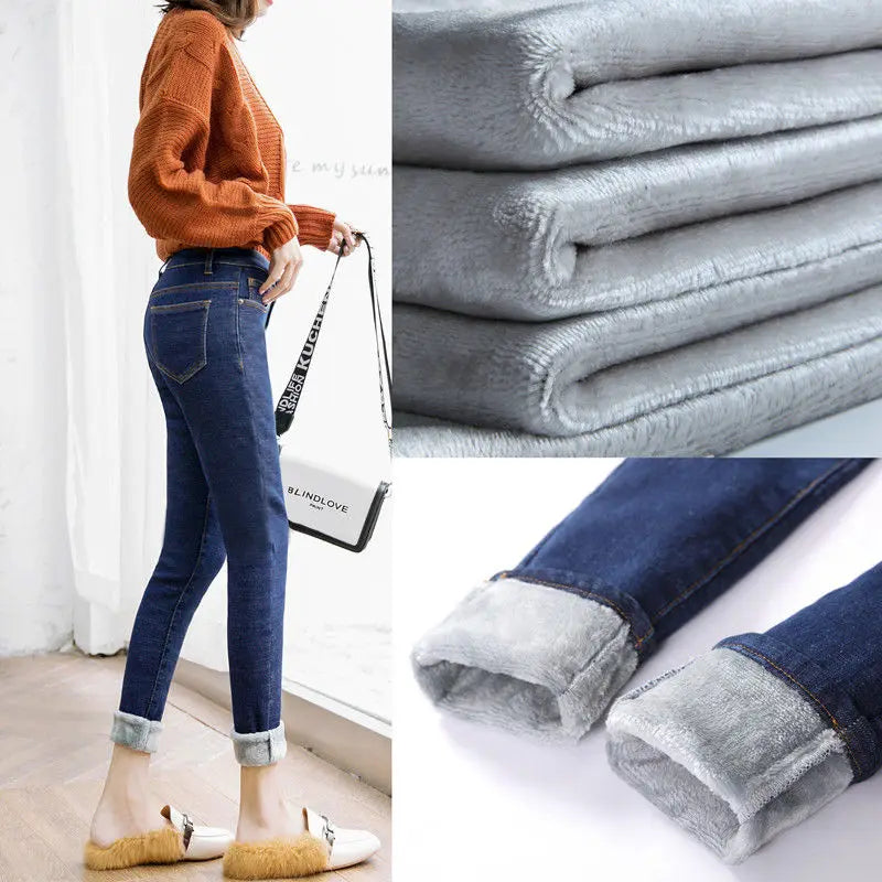 Winter Jeans For Women Gold Fleeces Thick Velvet Skinny Jeans trousers High waist Stretch Denim Pencil Pants