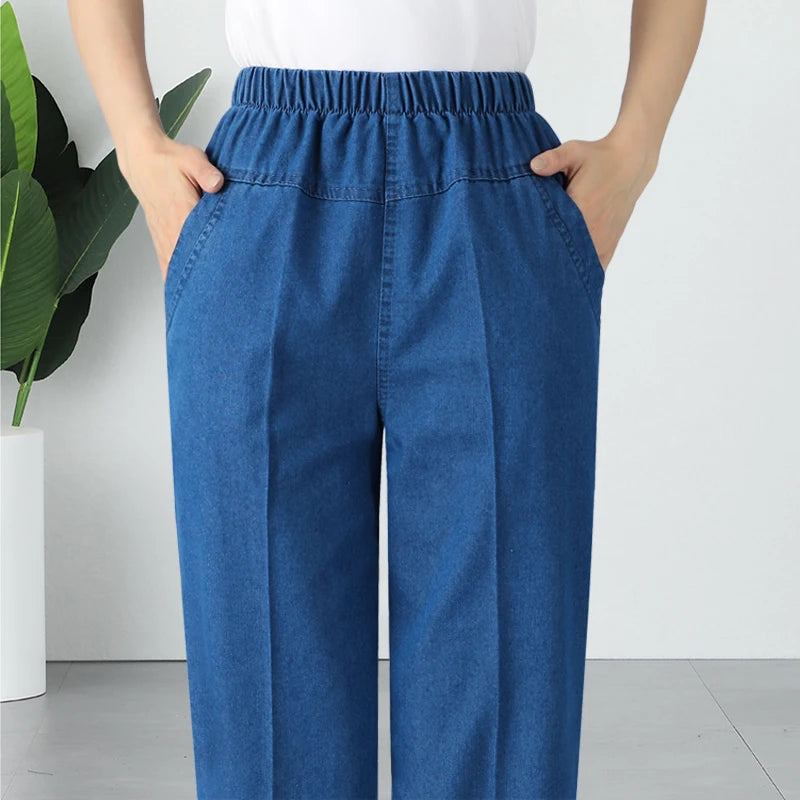 Middle Aged Mother Embroidered Jeans 5XL Spring Autumn Female Loose Straight Leg Pants Elastic Waist Women's Casual Denim Pants
