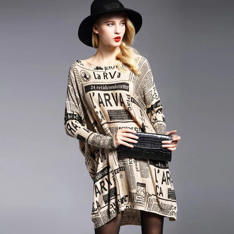 Women's Winter Knitted Sweater Casual Long Sleeve Newspaper Print Tops Female Batwing Sleeve Big Yard Long Pullovers