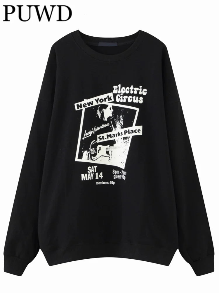 PUWD Women Fashion Black Graphic Sweatshirts 2023 Fall Vintage O Neck Long Sleeves Sweatshirts Female Loose Pullovers