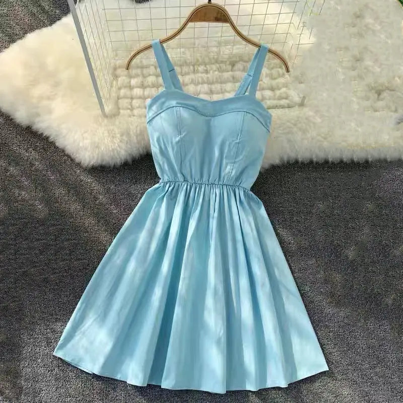 Marwin New-Coming Summer Solid Knee-Length Spaghetti Strap Strapless Dresses High Street Empire Style Party Holiday Dresses