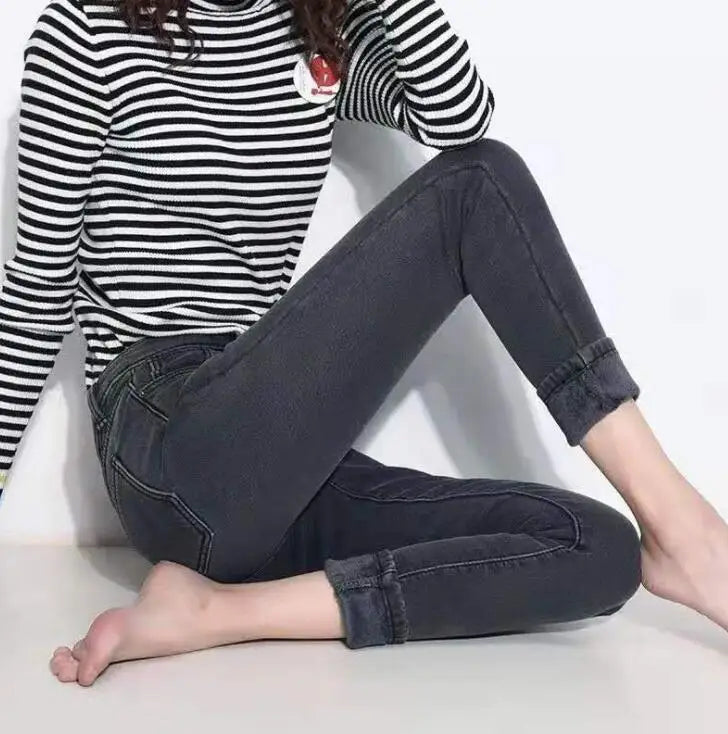 Winter Jeans For Women Gold Fleeces Thick Velvet Skinny Jeans trousers High waist Stretch Denim Pencil Pants