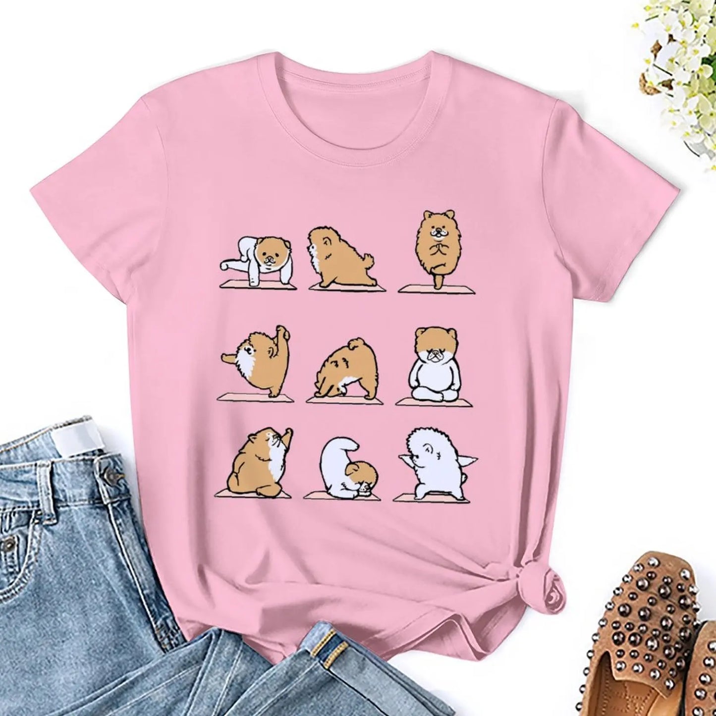 Pomeranian Yoga For Sale T-shirt Crewneck Movement T-shirts Casual Graphic Home Sarcastic