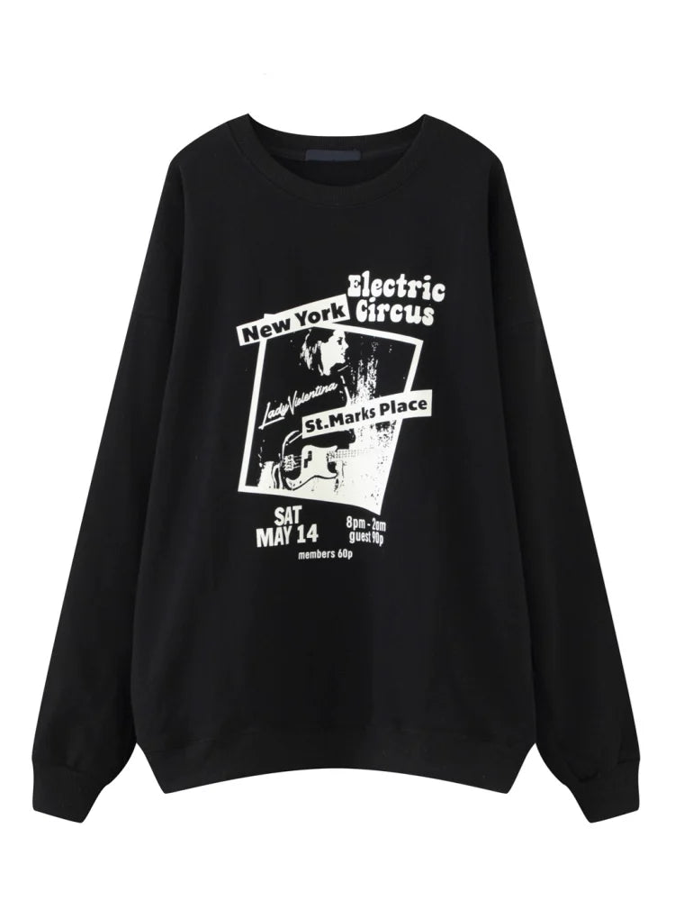 PUWD Women Fashion Black Graphic Sweatshirts 2023 Fall Vintage O Neck Long Sleeves Sweatshirts Female Loose Pullovers