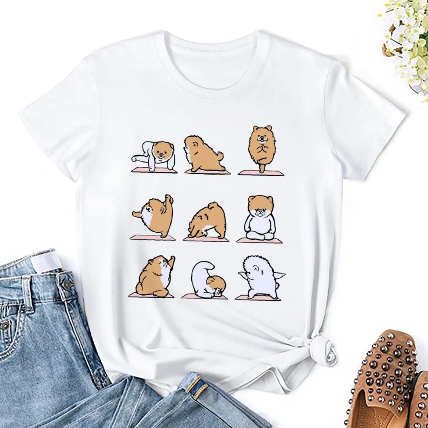 Pomeranian Yoga For Sale T-shirt Crewneck Movement T-shirts Casual Graphic Home Sarcastic