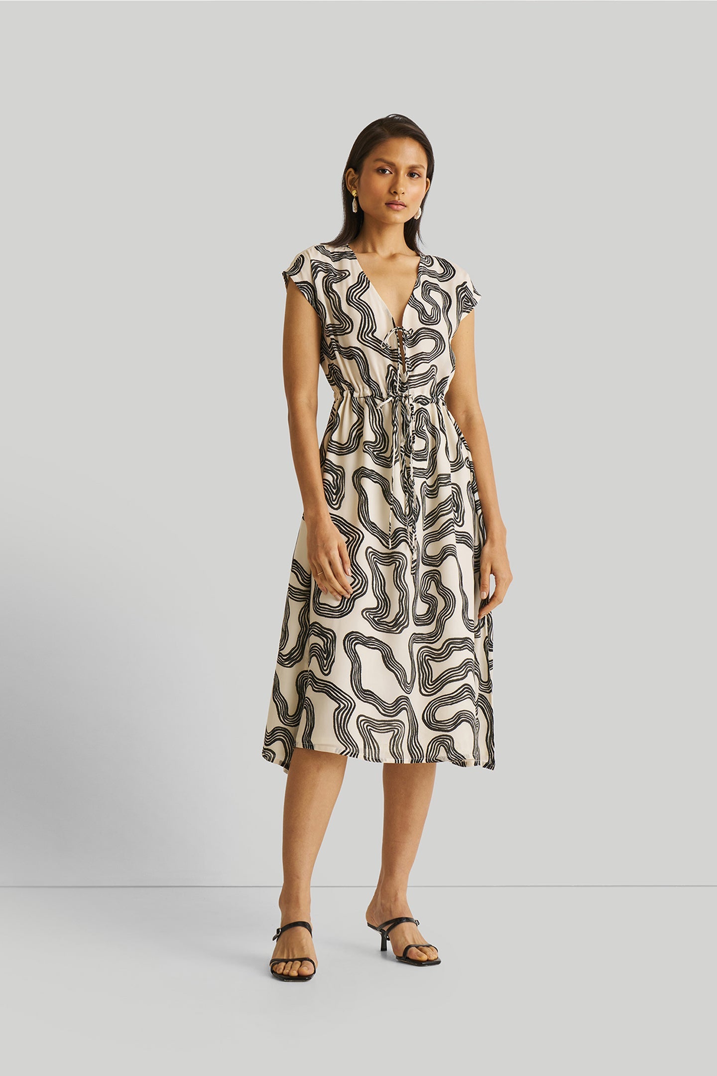 Deep V-neck Gathered Dress in Black Stripes American imported