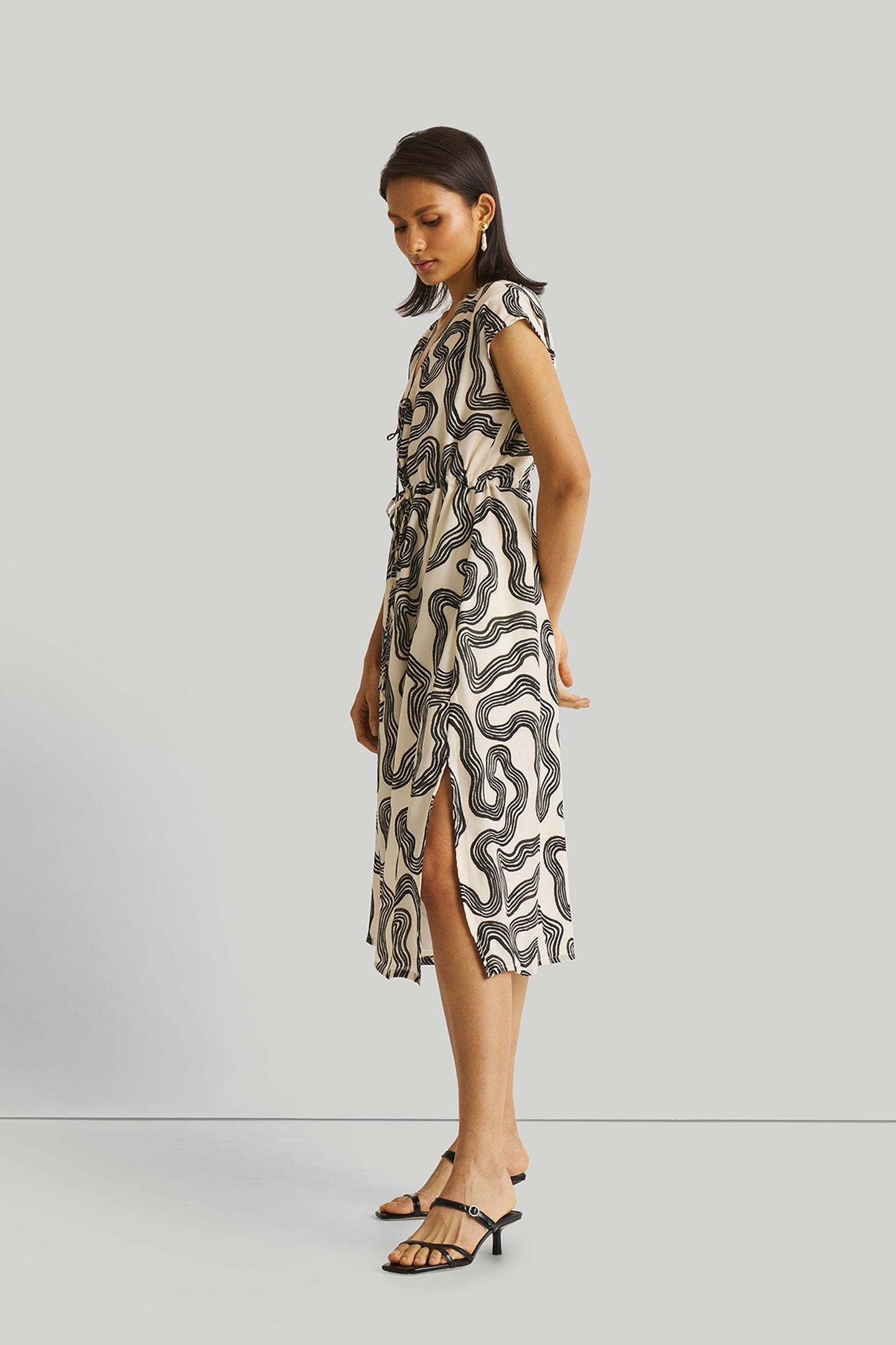 Deep V-neck Gathered Dress in Black Stripes American imported