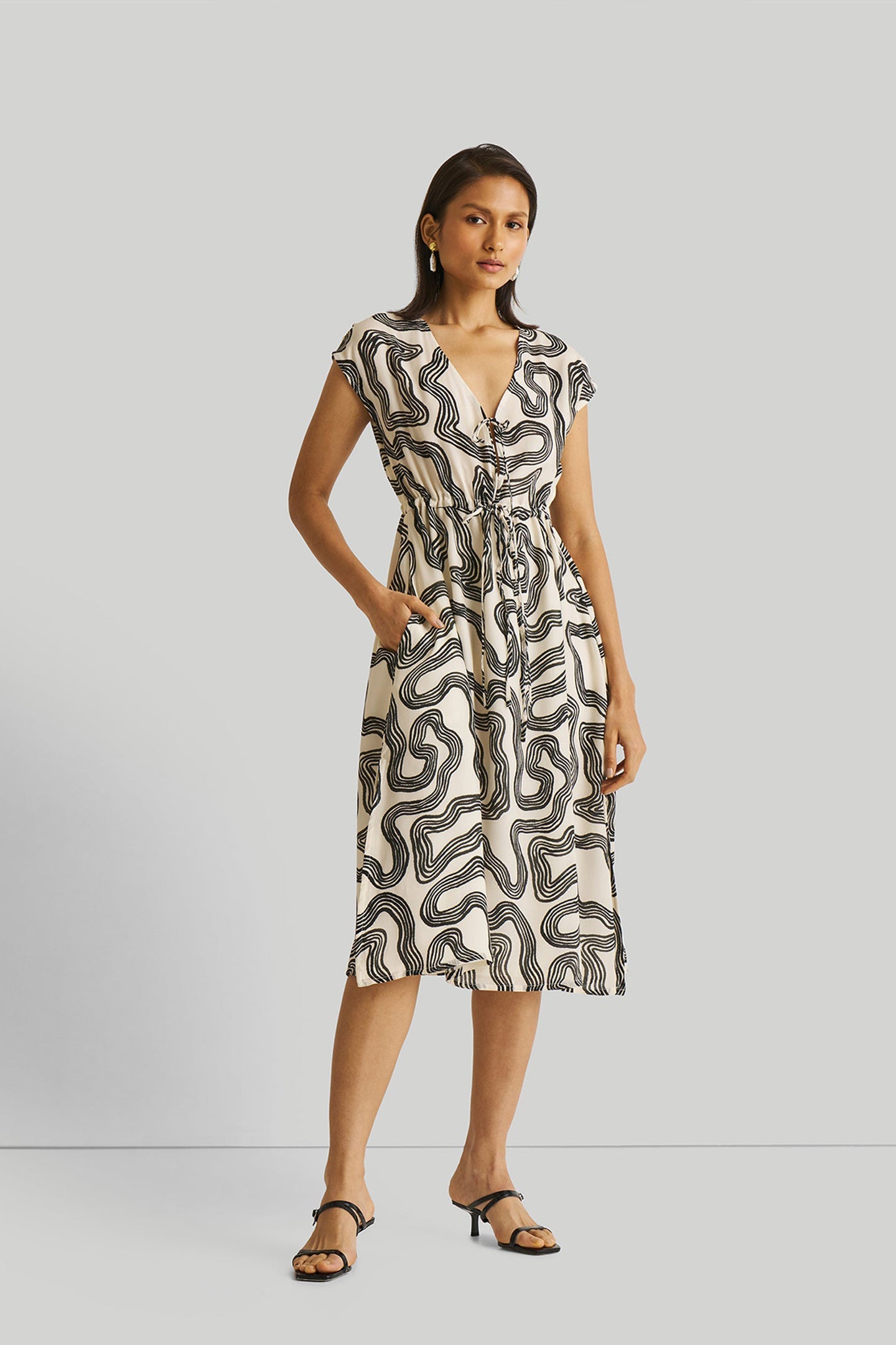 Deep V-neck Gathered Dress in Black Stripes American imported