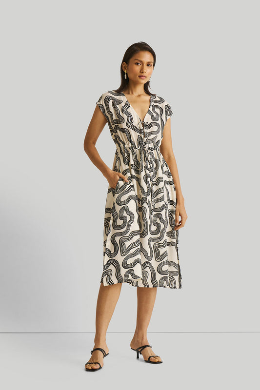 Deep V-neck Gathered Dress in Black Stripes American imported
