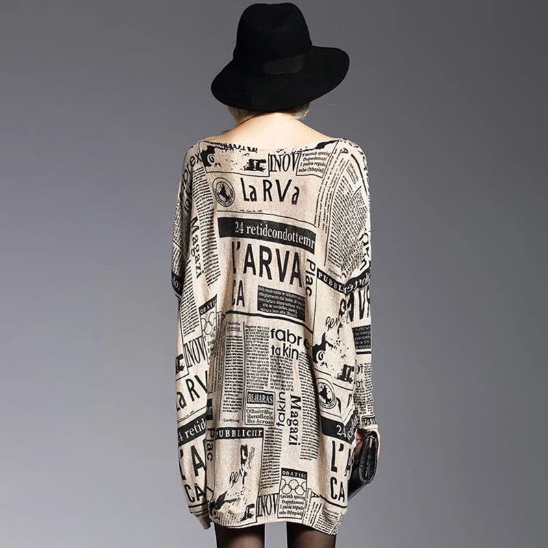 Women's Winter Knitted Sweater Casual Long Sleeve Newspaper Print Tops Female Batwing Sleeve Big Yard Long Pullovers