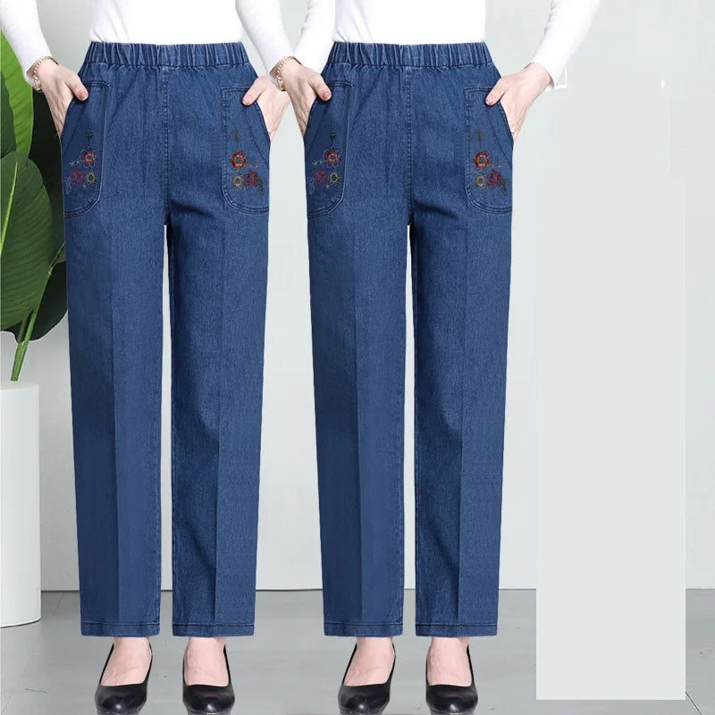 Middle Aged Mother Embroidered Jeans 5XL Spring Autumn Female Loose Straight Leg Pants Elastic Waist Women's Casual Denim Pants