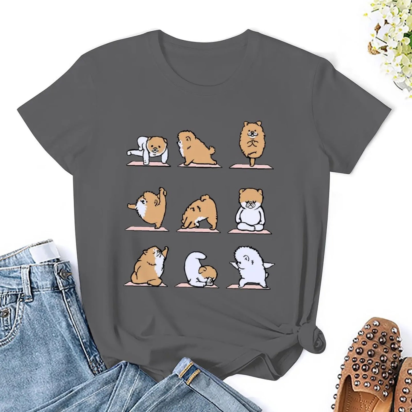 Pomeranian Yoga For Sale T-shirt Crewneck Movement T-shirts Casual Graphic Home Sarcastic