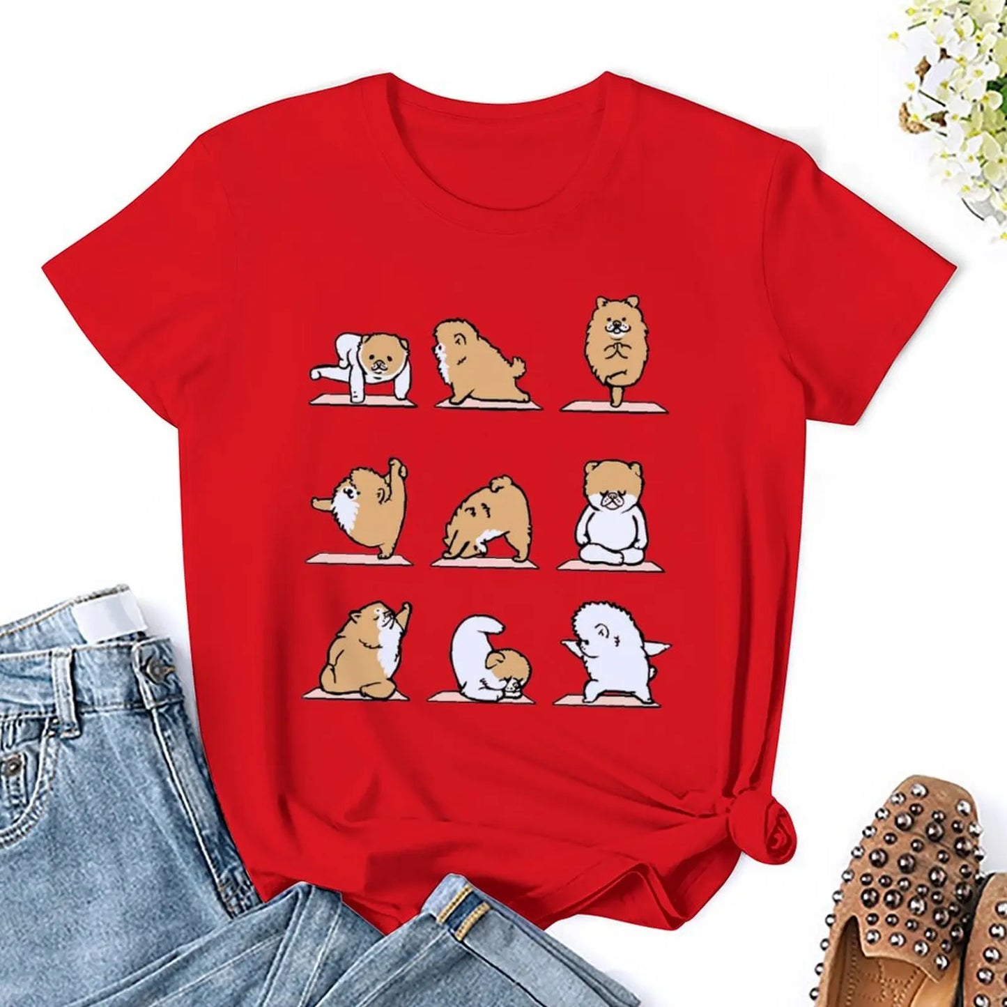 Pomeranian Yoga For Sale T-shirt Crewneck Movement T-shirts Casual Graphic Home Sarcastic